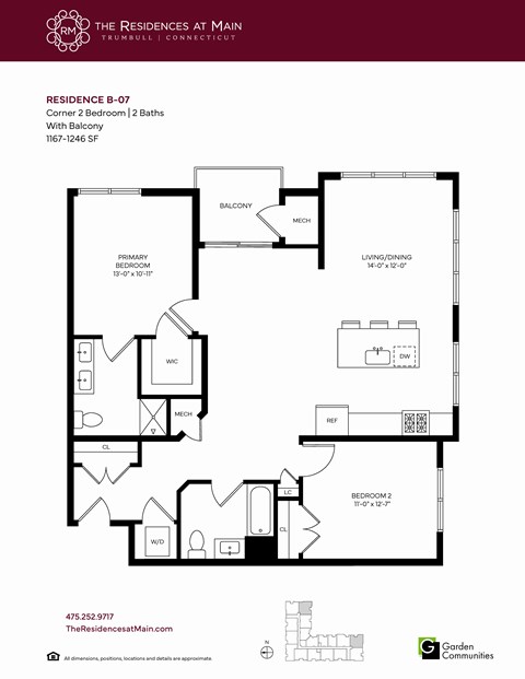 Floor plan for 2 beds, 2 baths, 1246 sqft